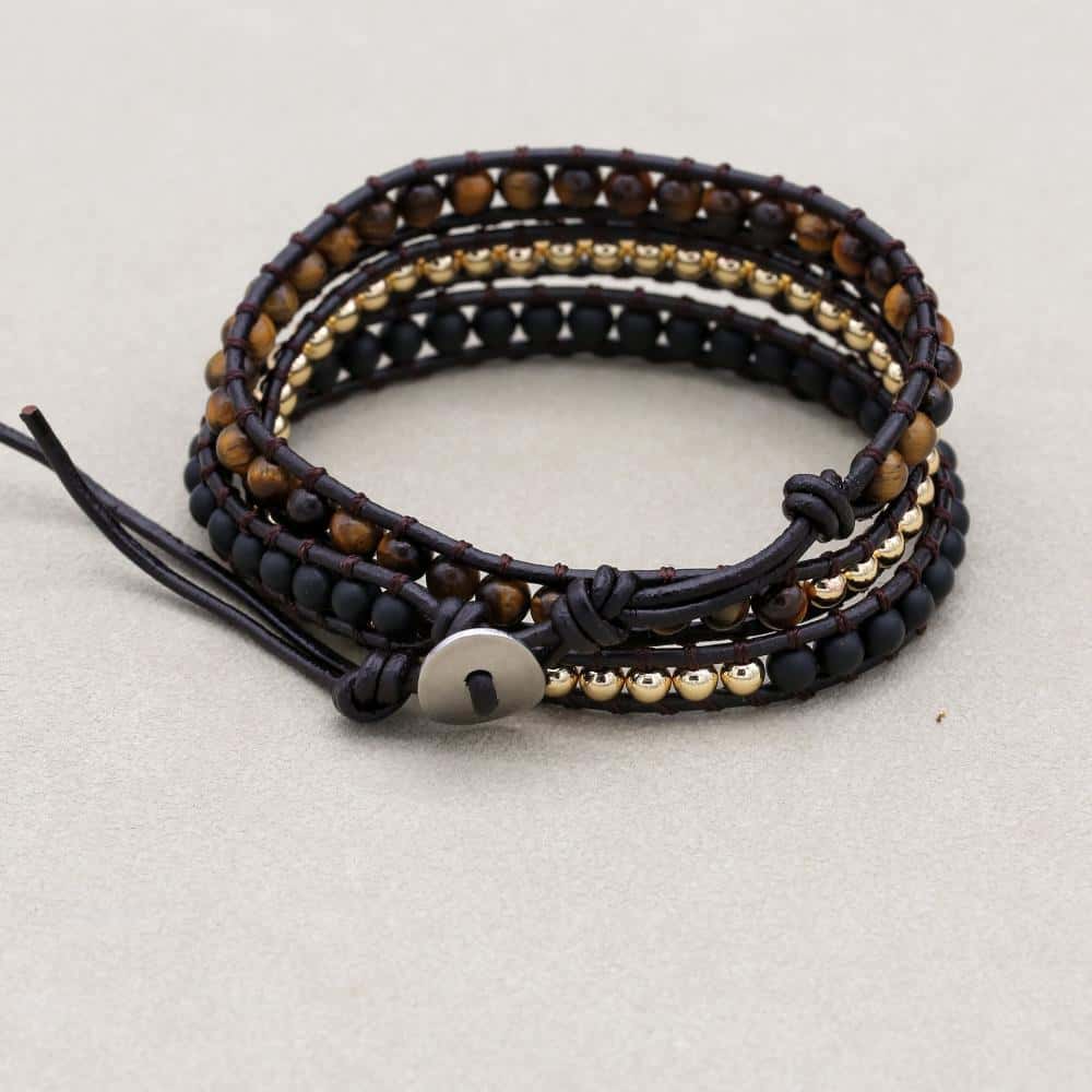 Schutz und Mut Dreifach gewickeltes Lederarmband mit Tigerauge und schwarzem Onyx