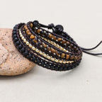 Schutz und Mut Dreifach gewickeltes Lederarmband mit Tigerauge und schwarzem Onyx