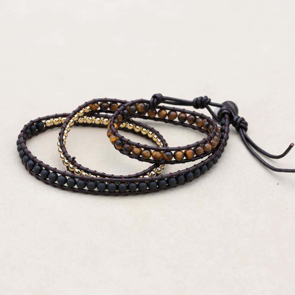 Schutz und Mut Dreifach gewickeltes Lederarmband mit Tigerauge und schwarzem Onyx
