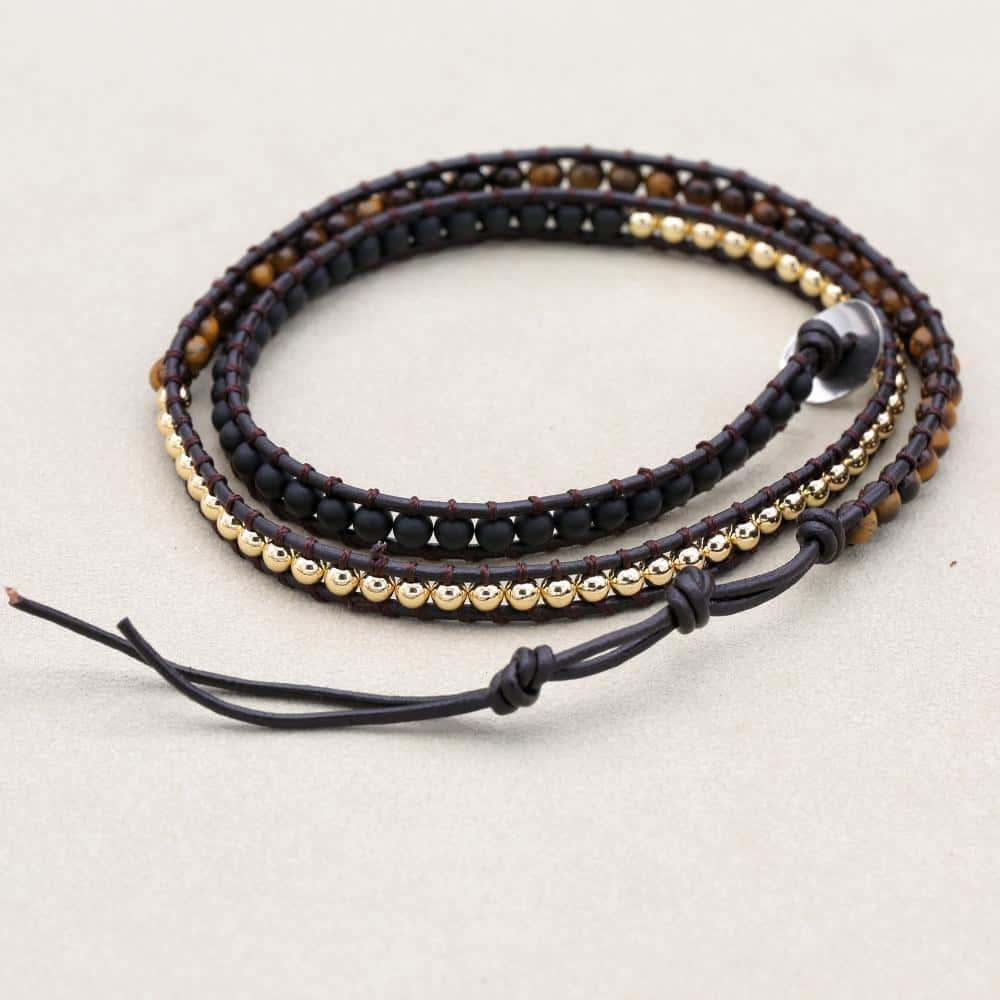 Schutz und Mut Dreifach gewickeltes Lederarmband mit Tigerauge und schwarzem Onyx