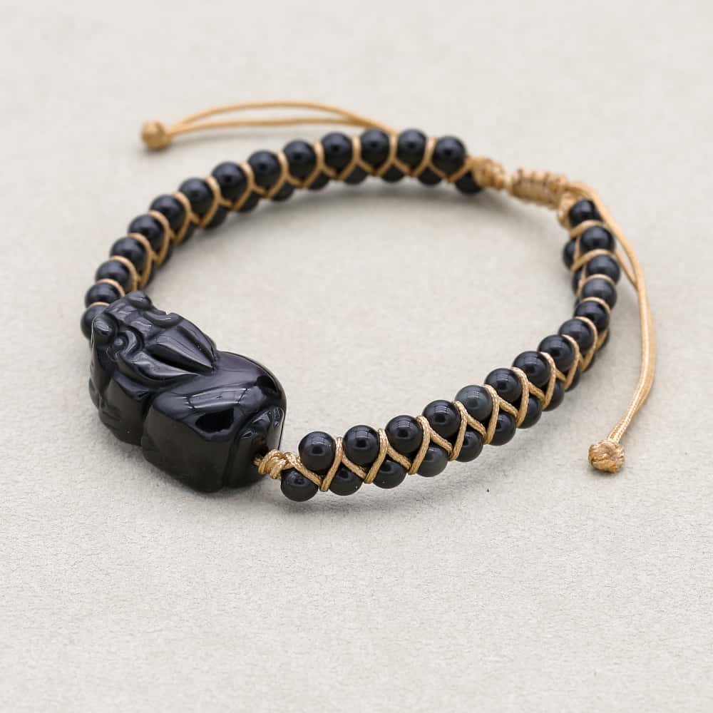 Reichtum und Schutz Geflochtenes Armband aus schwarzem Obsidian mit Pixiu, zweisträngig