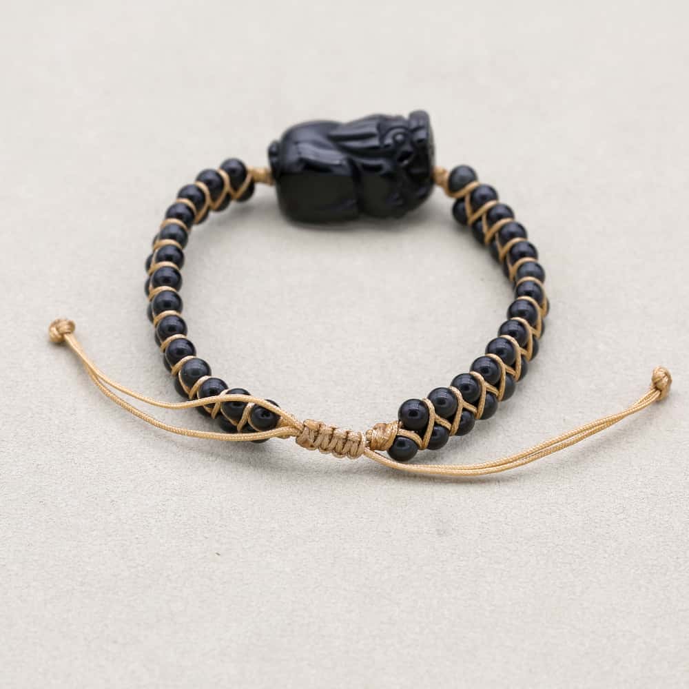 Reichtum und Schutz Geflochtenes Armband aus schwarzem Obsidian mit Pixiu, zweisträngig