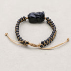 Reichtum und Schutz Geflochtenes Armband aus schwarzem Obsidian mit Pixiu, zweisträngig