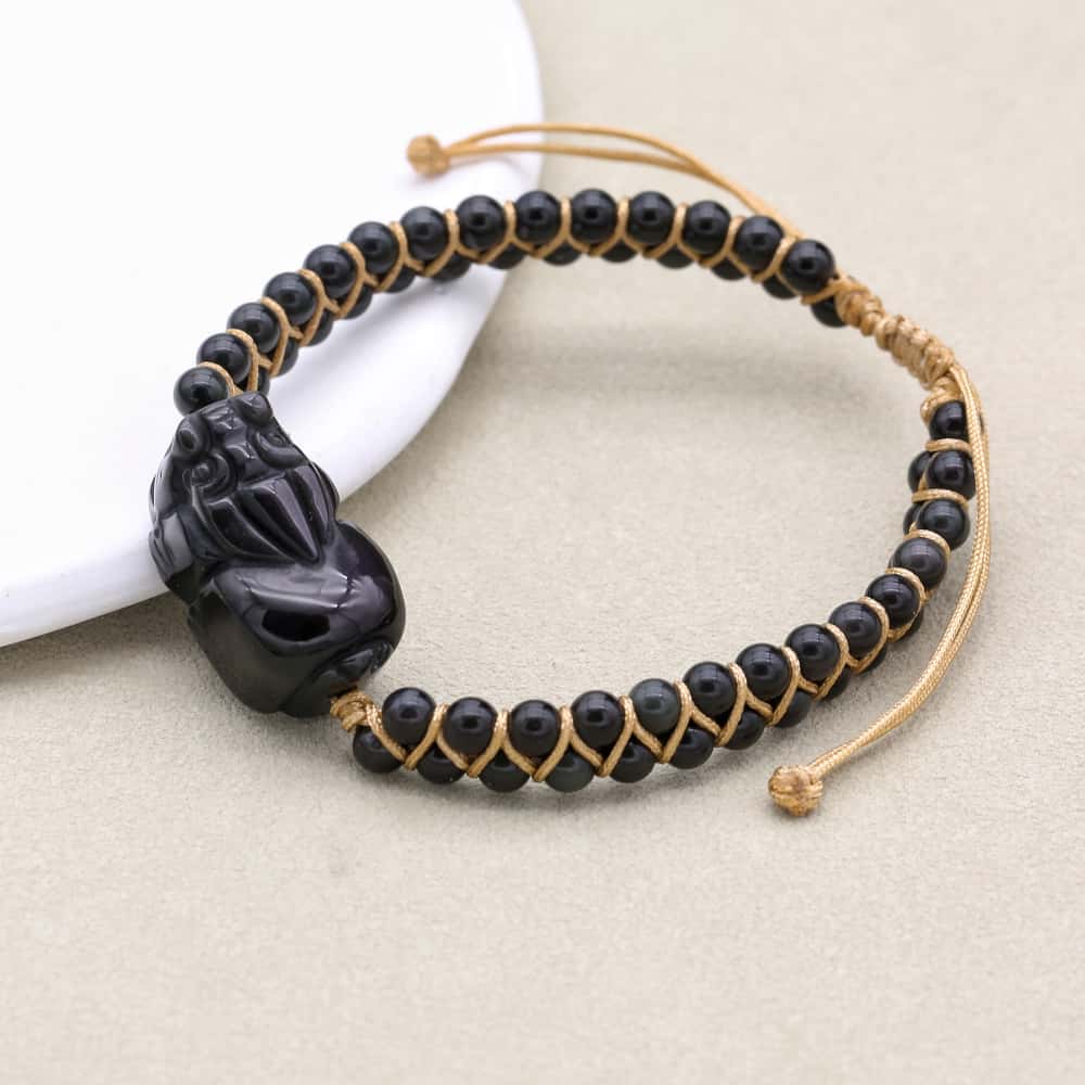 Reichtum und Schutz Geflochtenes Armband aus schwarzem Obsidian mit Pixiu, zweisträngig