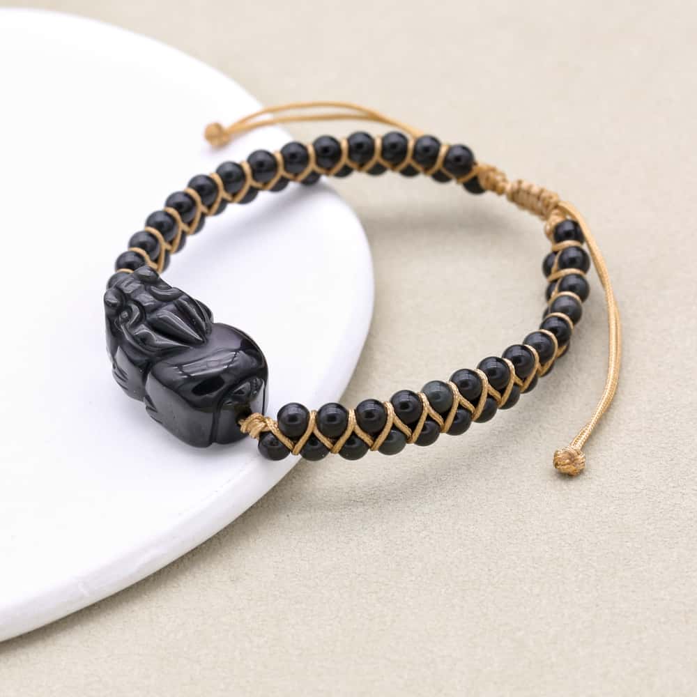 Reichtum und Schutz Geflochtenes Armband aus schwarzem Obsidian mit Pixiu, zweisträngig