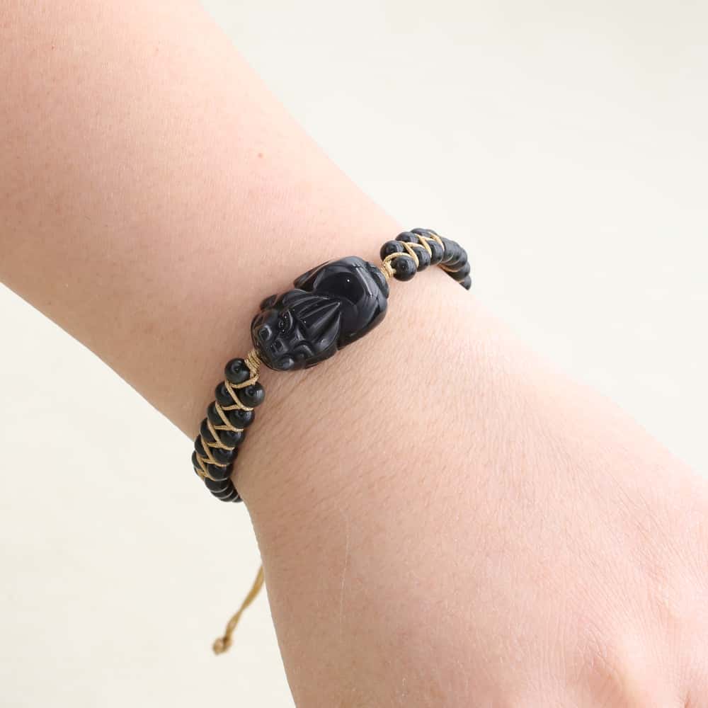 Reichtum und Schutz Geflochtenes Armband aus schwarzem Obsidian mit Pixiu, zweisträngig