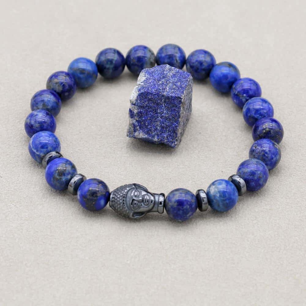 Weisheit und Erdung Perlenarmband mit Buddha-Kopf aus Lapislazuli und Hämatit