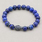 Weisheit und Erdung Perlenarmband mit Buddha-Kopf aus Lapislazuli und Hämatit