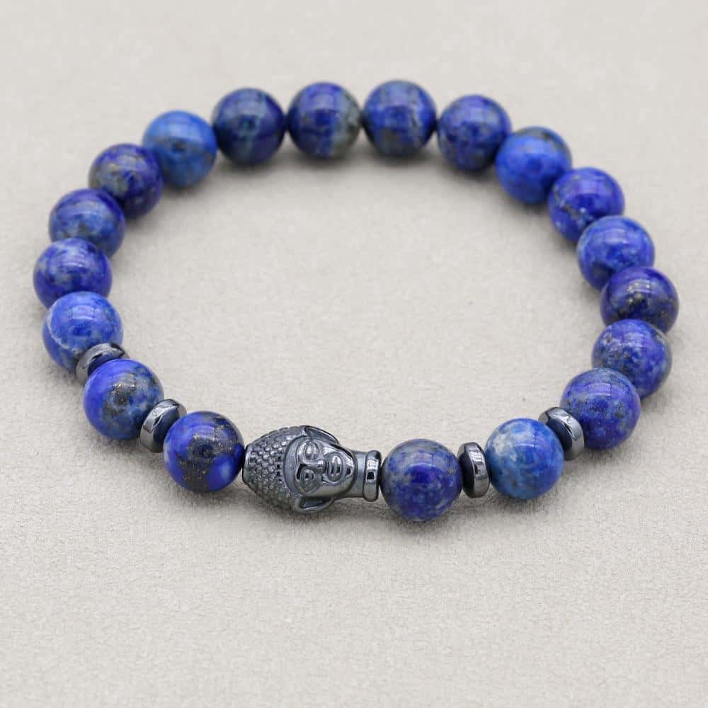 Weisheit und Erdung Perlenarmband mit Buddha-Kopf aus Lapislazuli und Hämatit