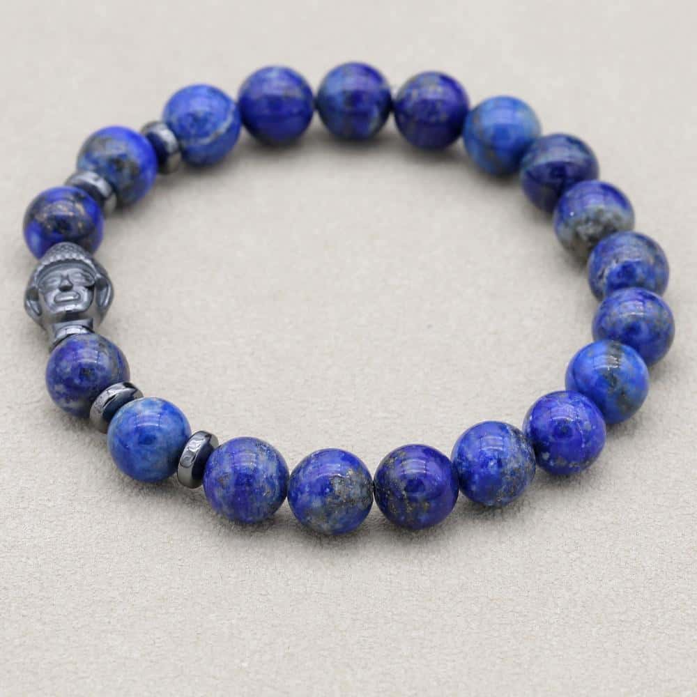 Weisheit und Erdung Perlenarmband mit Buddha-Kopf aus Lapislazuli und Hämatit