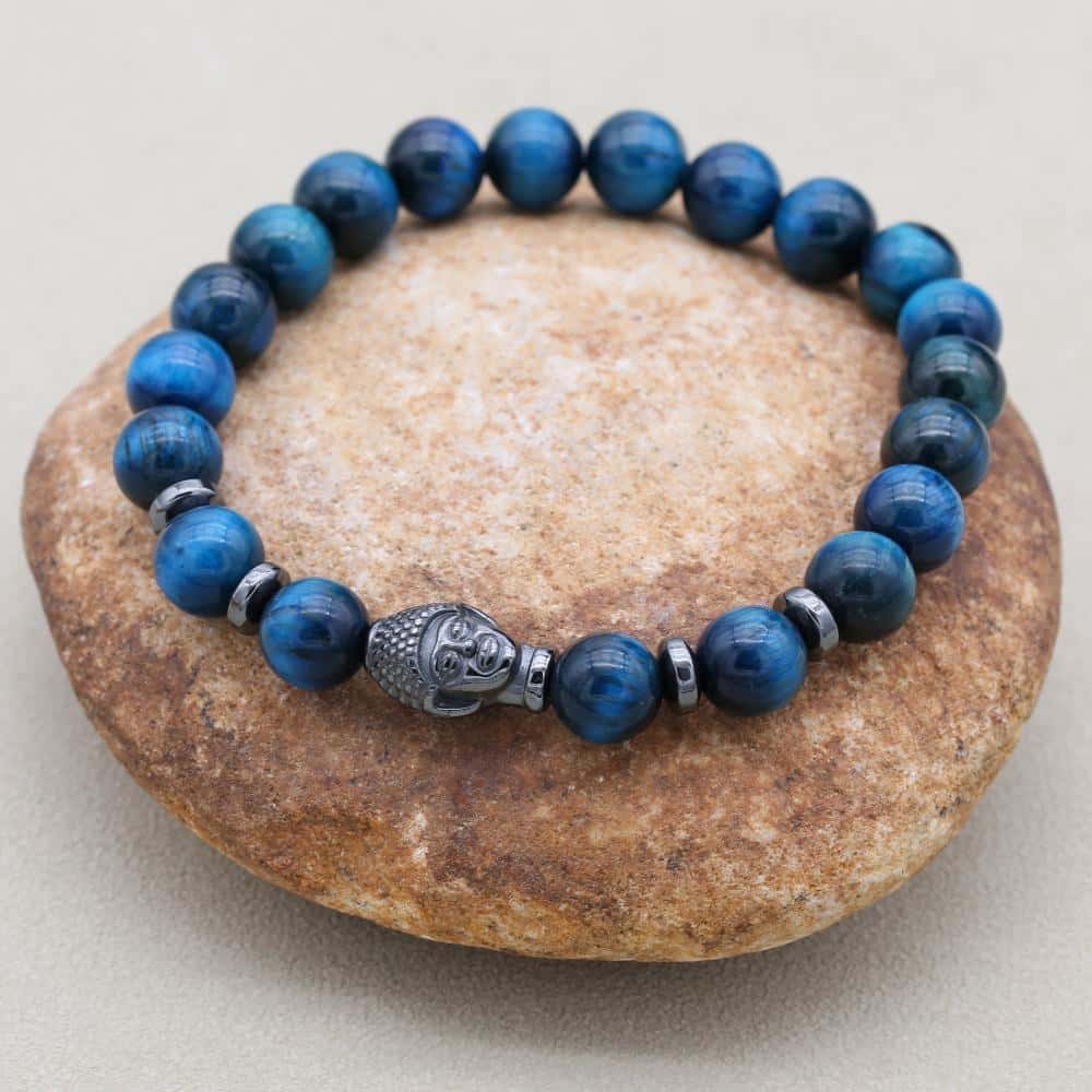 Klarheit und Schutz Tigeraugen-Hämatit-Perlenarmband mit Buddha-Kopf in Blau