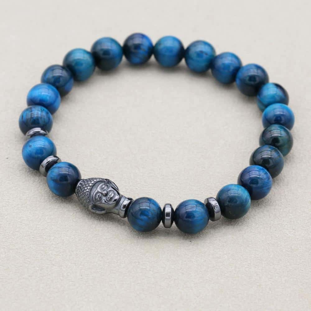 Klarheit und Schutz Tigeraugen-Hämatit-Perlenarmband mit Buddha-Kopf in Blau