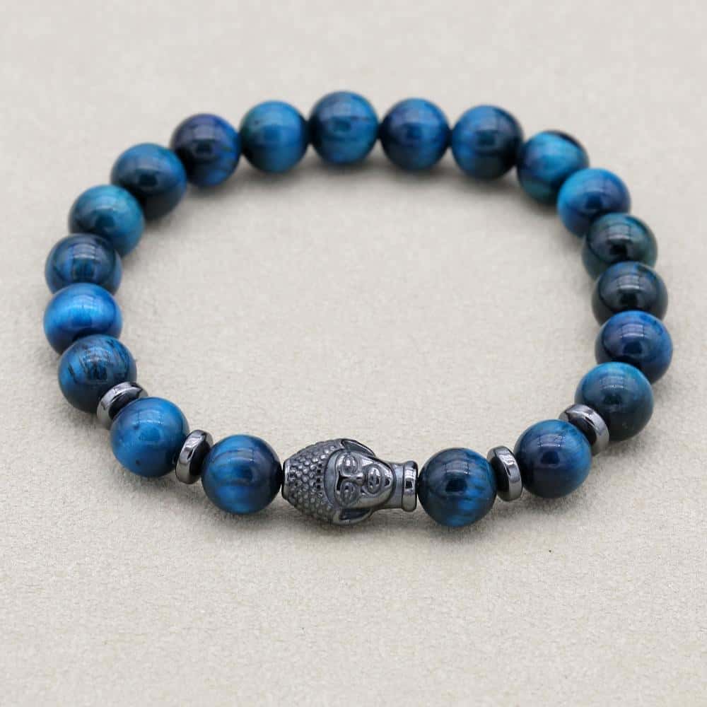 Klarheit und Schutz Tigeraugen-Hämatit-Perlenarmband mit Buddha-Kopf in Blau
