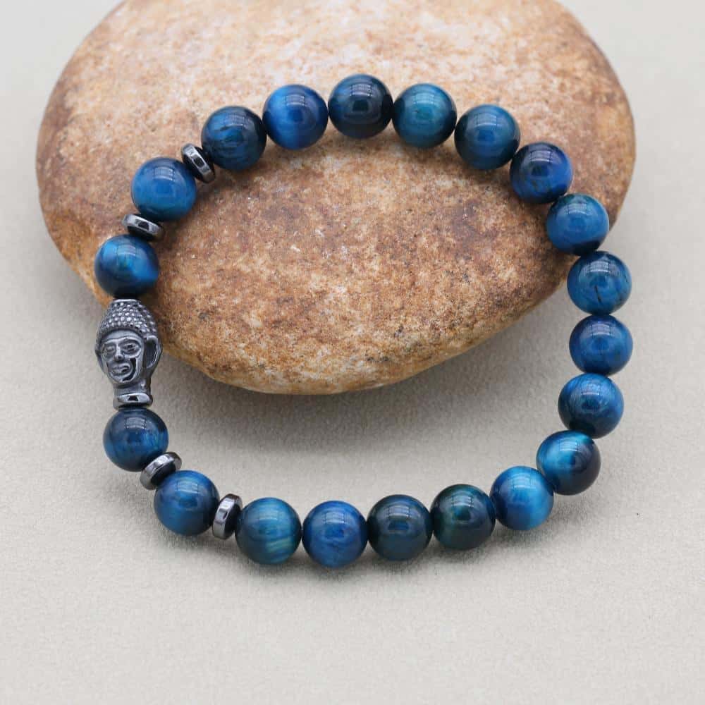 Klarheit und Schutz Tigeraugen-Hämatit-Perlenarmband mit Buddha-Kopf in Blau