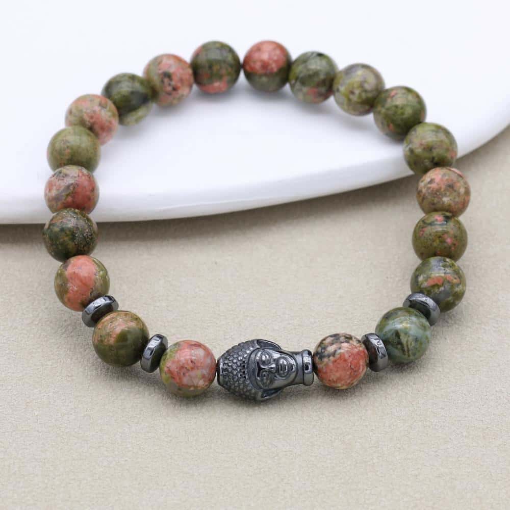 Harmonie und Heilung Unakit-Hämatit-Perlenarmband mit Buddha-Kopf