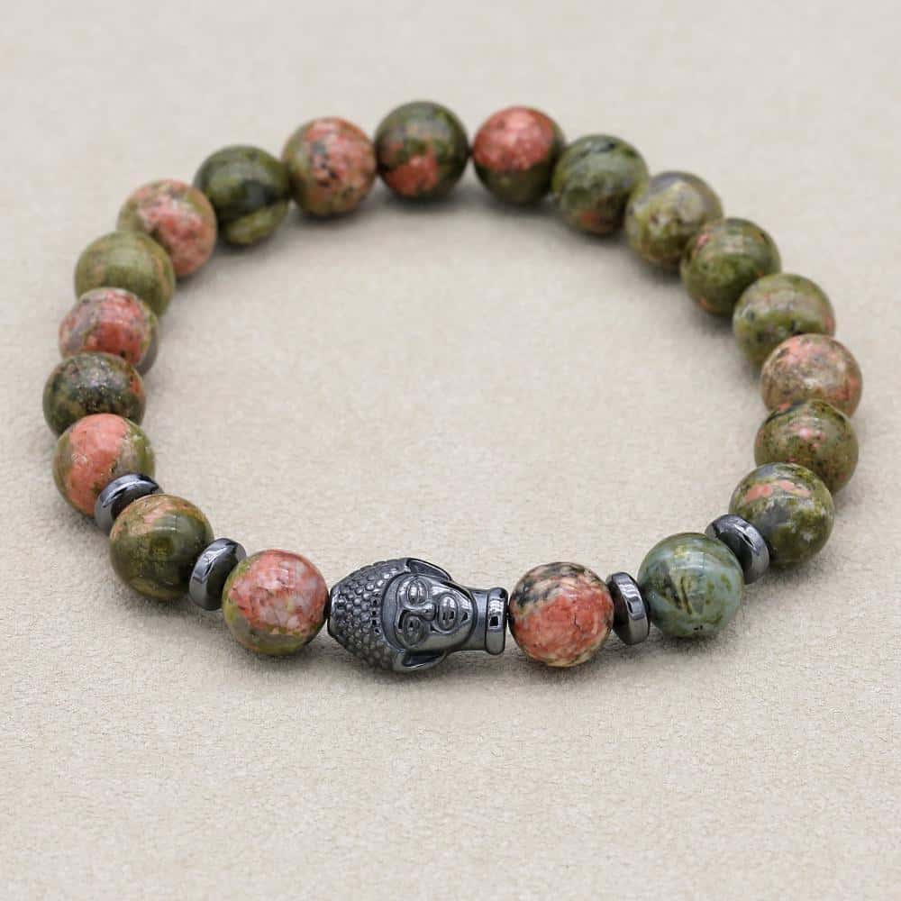 Harmonie und Heilung Unakit-Hämatit-Perlenarmband mit Buddha-Kopf