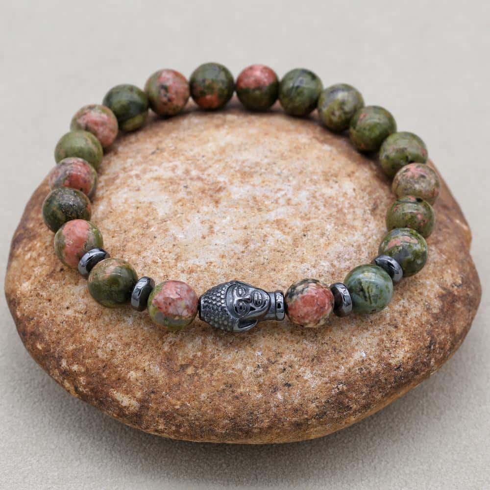 Harmonie und Heilung Unakit-Hämatit-Perlenarmband mit Buddha-Kopf