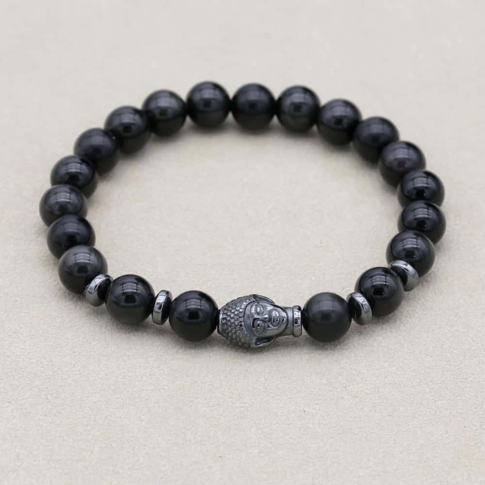 Schutz und Erdung Schwarzes-Obsidian-Hämatit-Perlenarmband mit Buddha-Kopf