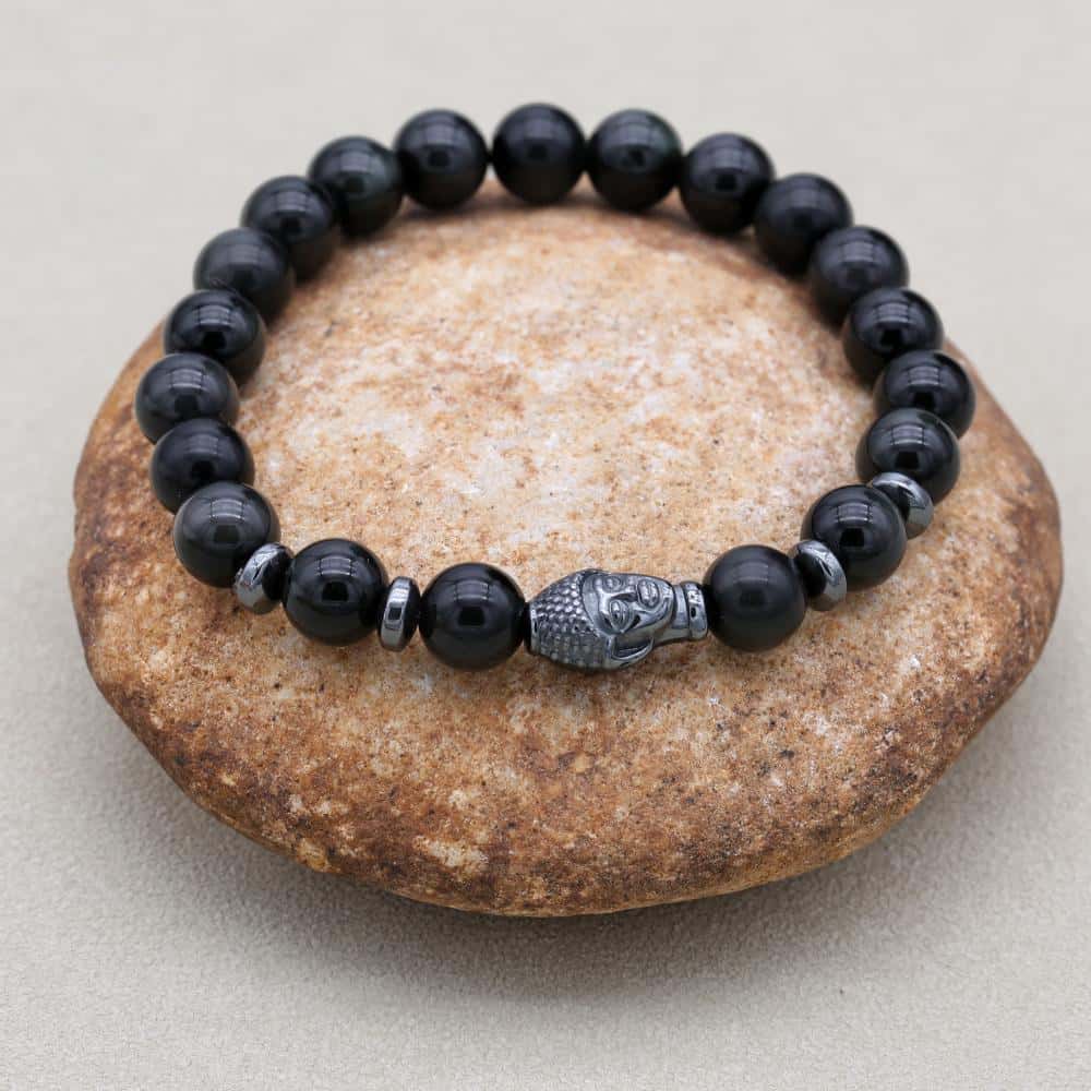 Schutz und Erdung Schwarzes-Obsidian-Hämatit-Perlenarmband mit Buddha-Kopf