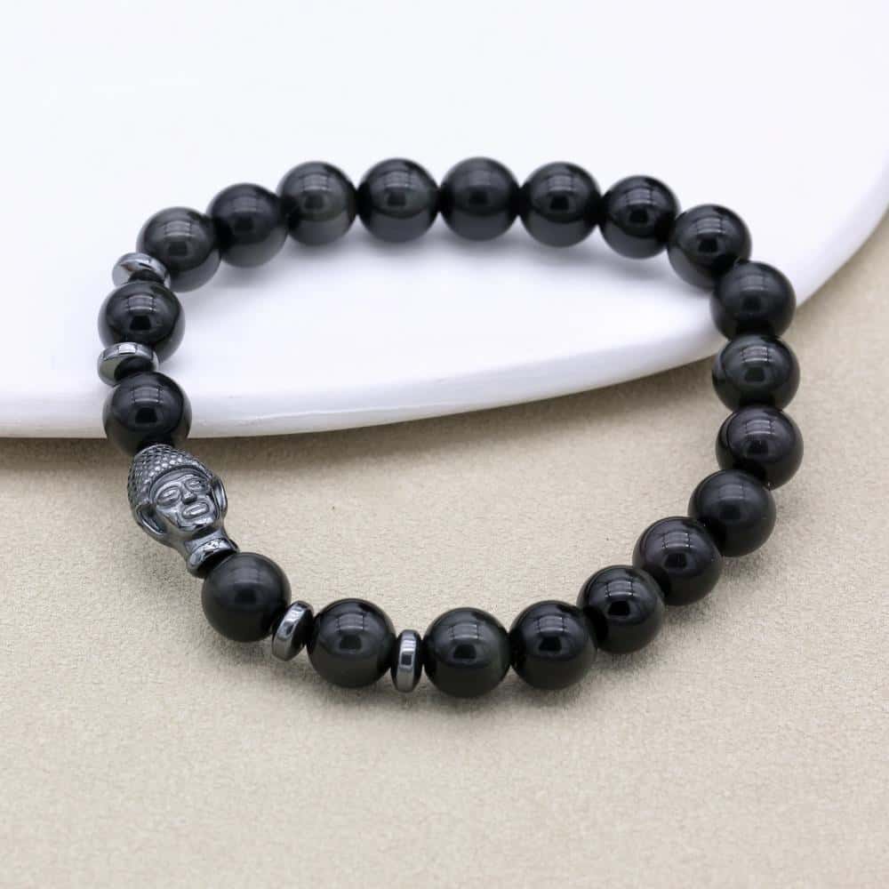 Schutz und Erdung Schwarzes-Obsidian-Hämatit-Perlenarmband mit Buddha-Kopf