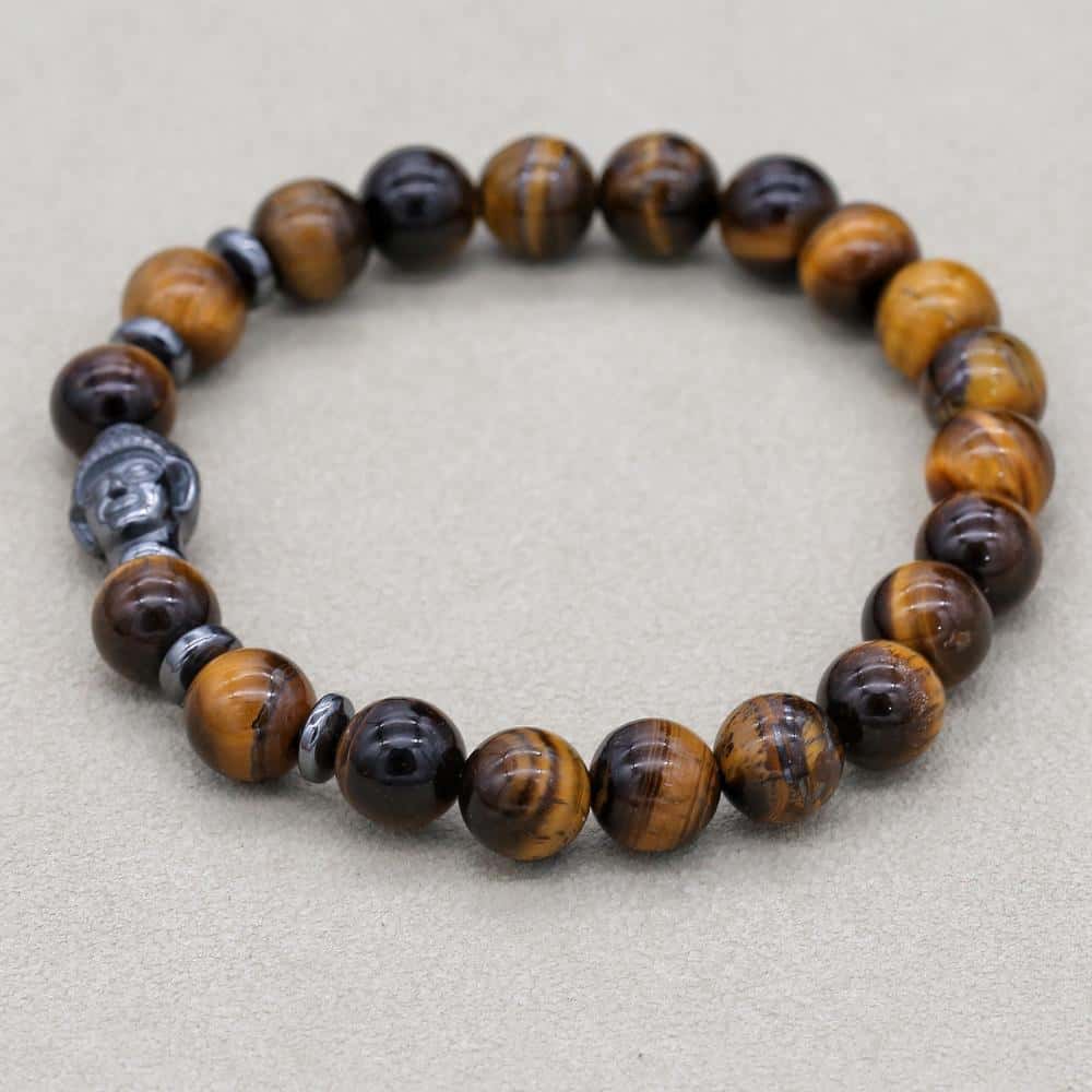 Mut und Wohlstand Tigeraugen-Hämatit-Perlenarmband mit Buddha-Kopf in Gelb