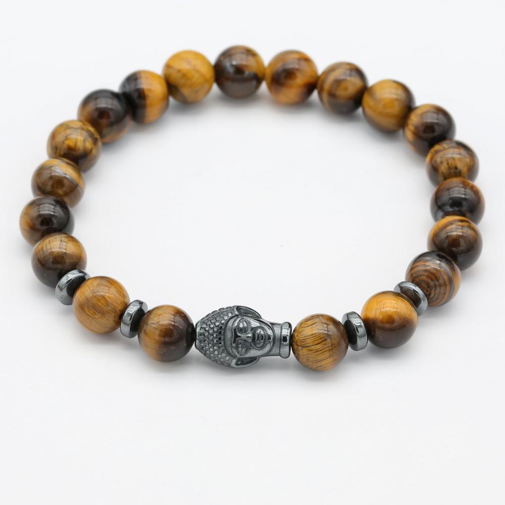 Mut und Wohlstand Tigeraugen-Hämatit-Perlenarmband mit Buddha-Kopf in Gelb