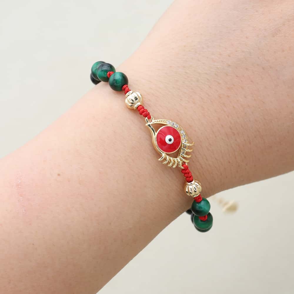Schutz und Wohlstand Perlenarmband mit grünem Tigerauge und bösem Blick