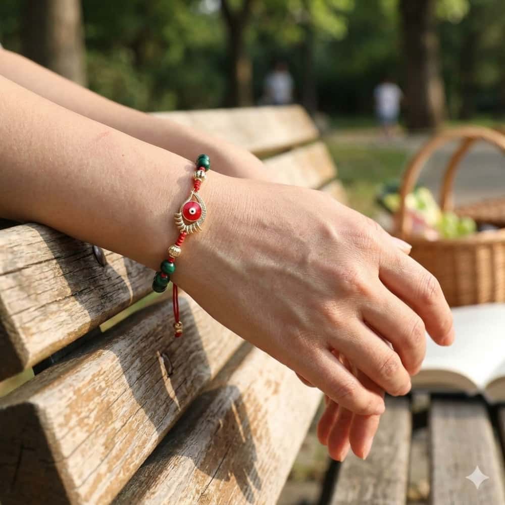 Schutz und Wohlstand Perlenarmband mit grünem Tigerauge und bösem Blick