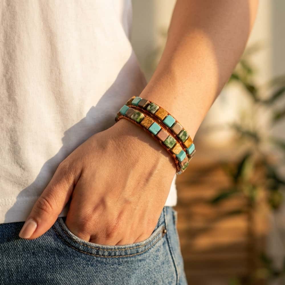 Protection and Harmony Turquoise Leather Wrap Bracelet