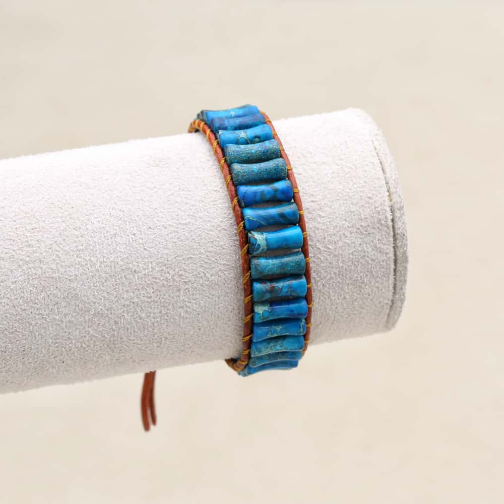 Inner Peace and Alignment Blue Imperial Jasper Leather Wrap Bracelet