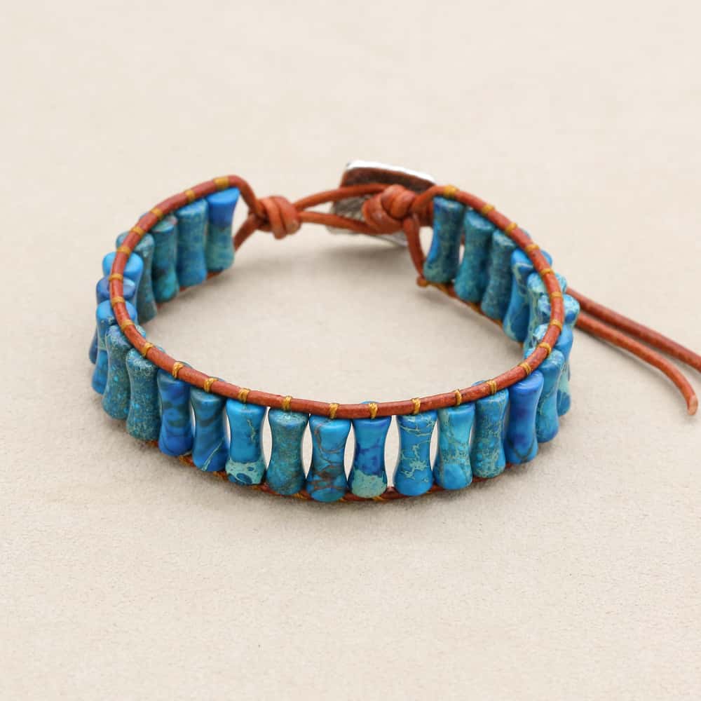 Inner Peace and Alignment Blue Imperial Jasper Leather Wrap Bracelet