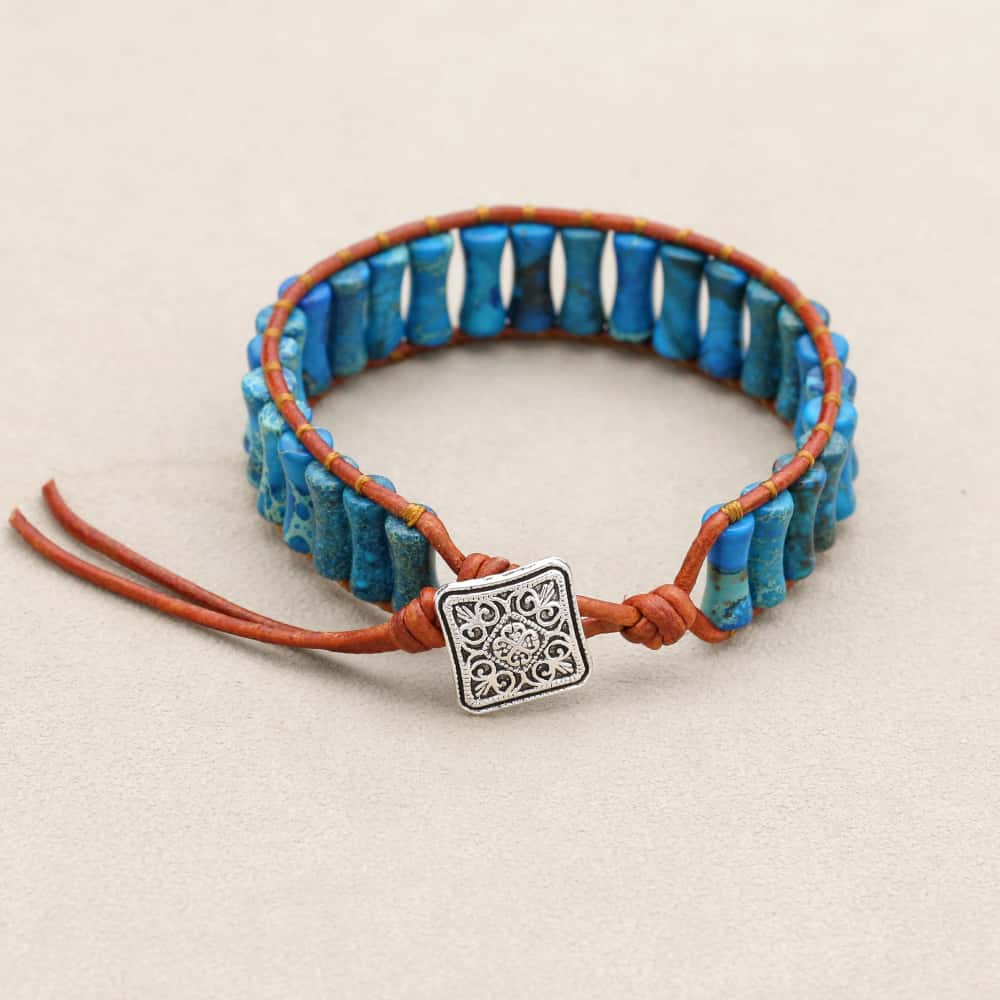 Inner Peace and Alignment Blue Imperial Jasper Leather Wrap Bracelet