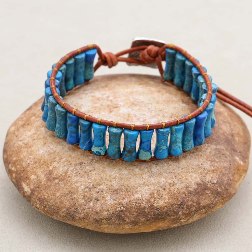 Inner Peace and Alignment Blue Imperial Jasper Leather Wrap Bracelet