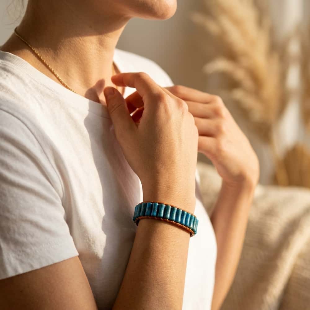 Inner Peace and Alignment Blue Imperial Jasper Leather Wrap Bracelet