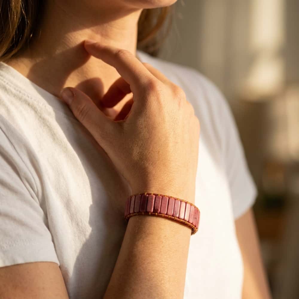 Grounding and Warmth Red Wood Grain Jasper Leather Wrap Bracelet