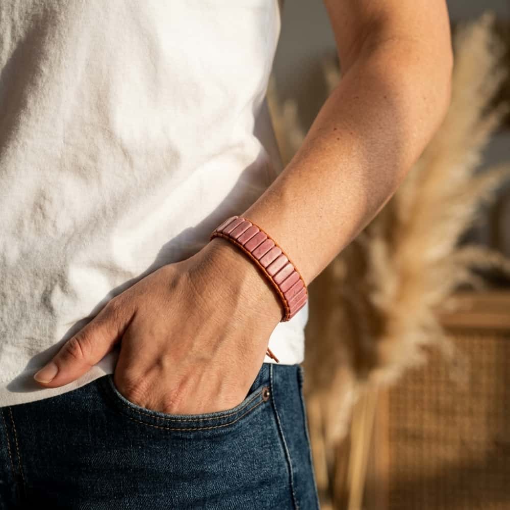 Grounding and Warmth Red Wood Grain Jasper Leather Wrap Bracelet