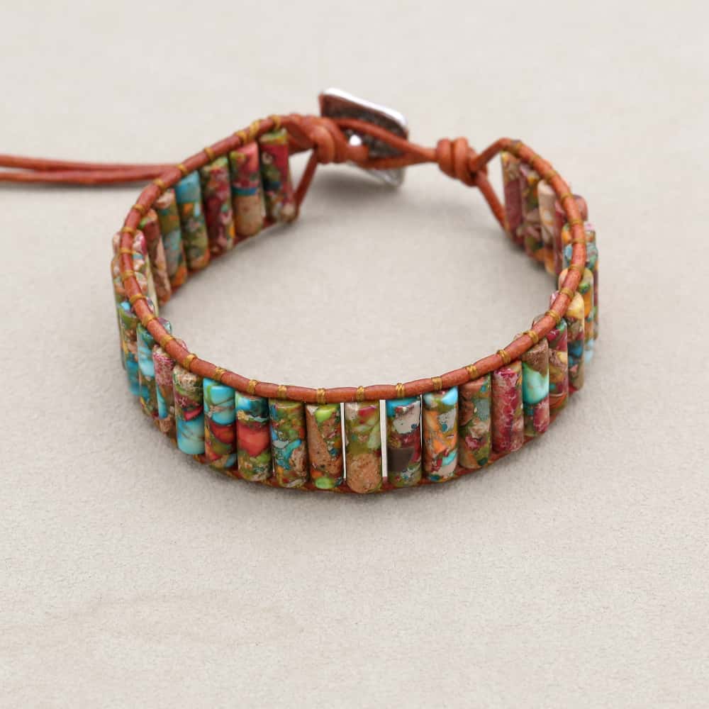 Joy and Chakra Harmony Imperial Jasper Leather Wrap Bracelet