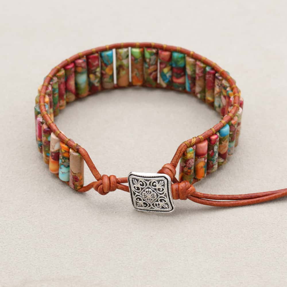 Joy and Chakra Harmony Imperial Jasper Leather Wrap Bracelet