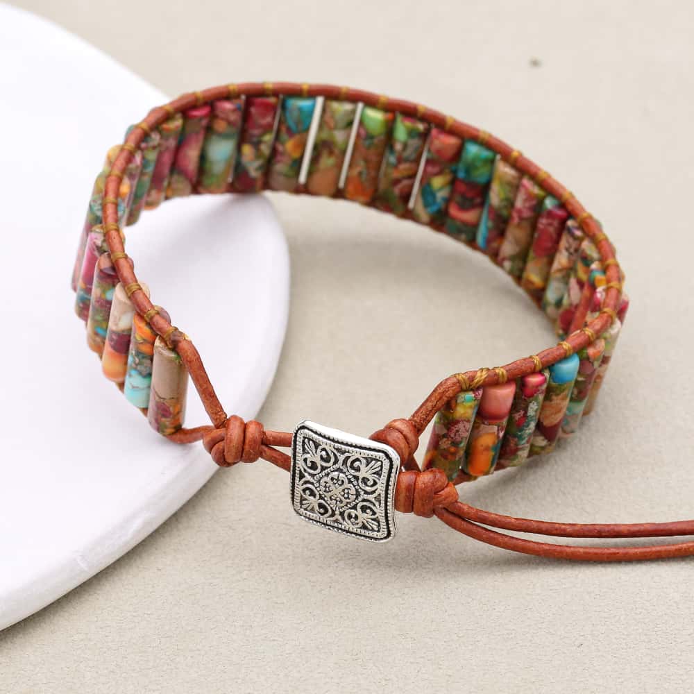 Joy and Chakra Harmony Imperial Jasper Leather Wrap Bracelet