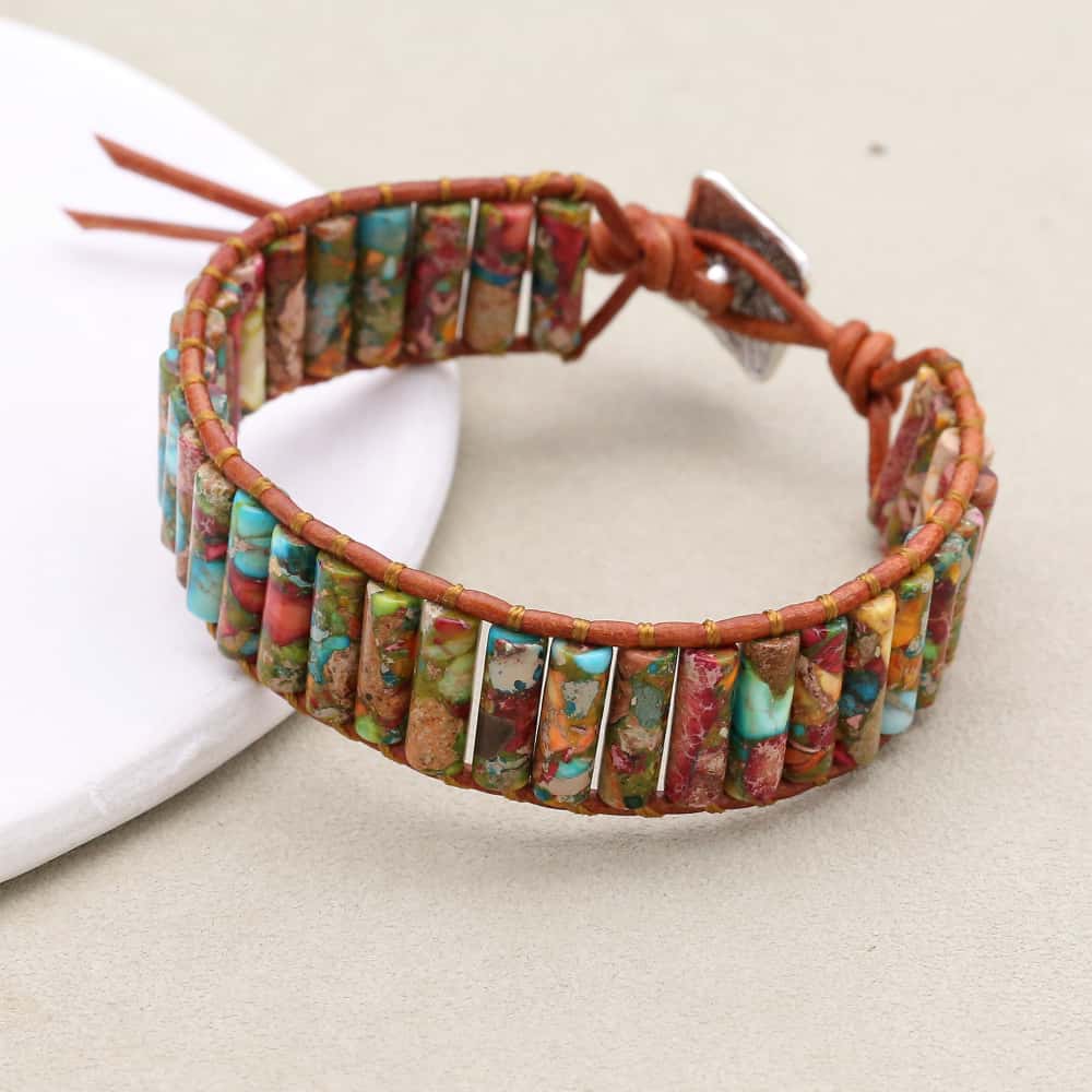 Joy and Chakra Harmony Imperial Jasper Leather Wrap Bracelet