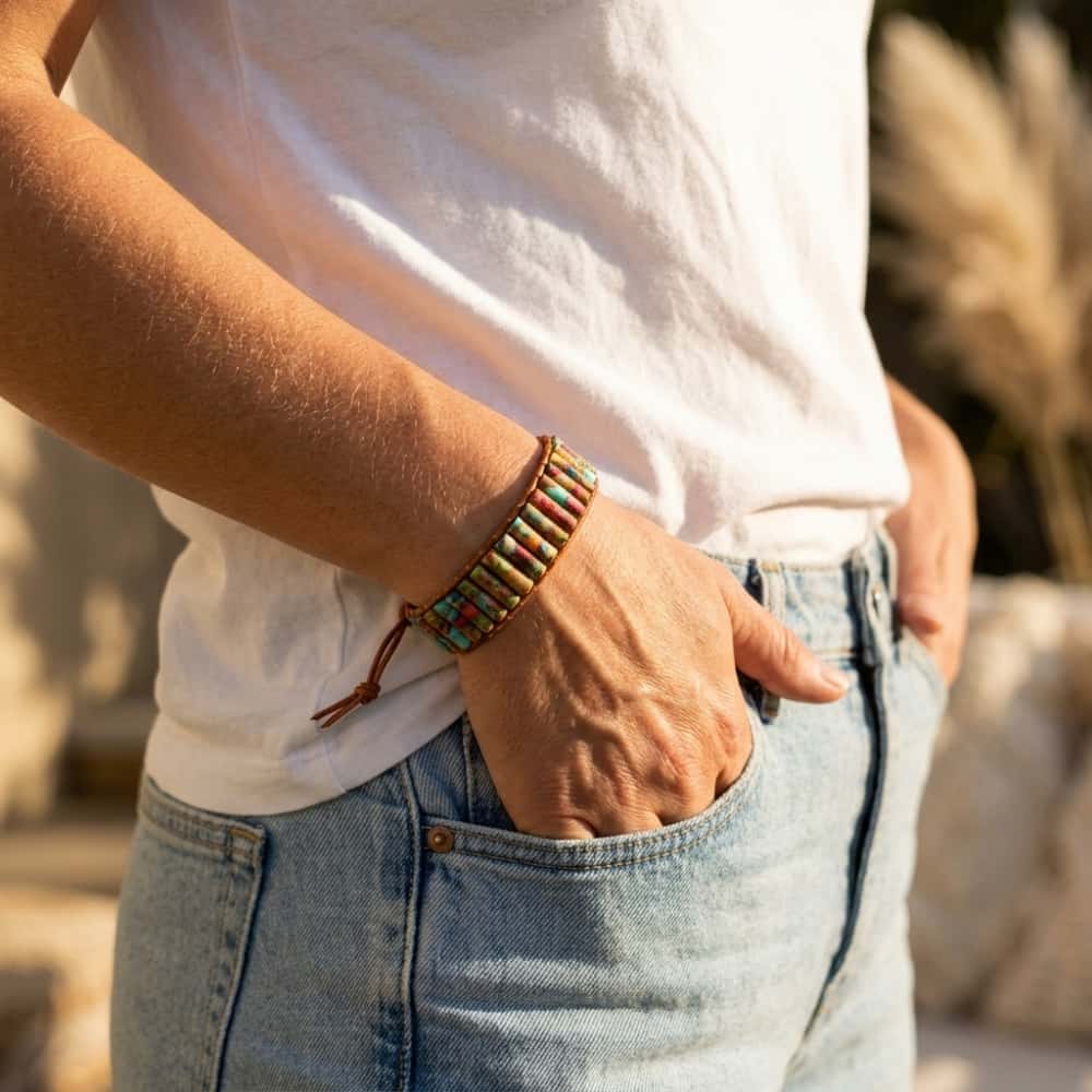 Joy and Chakra Harmony Imperial Jasper Leather Wrap Bracelet