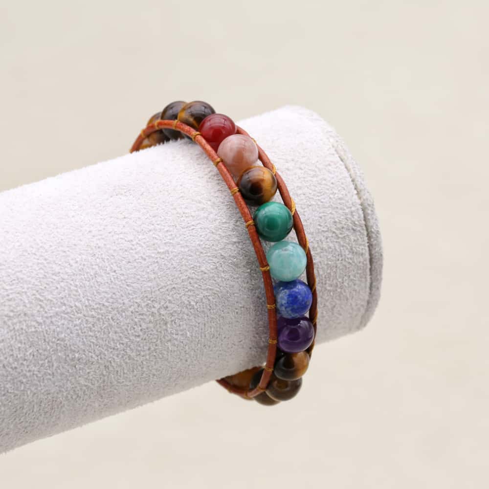 Balance and Courage 7 Chakra Tiger Eye Leather Wrap Bracelet