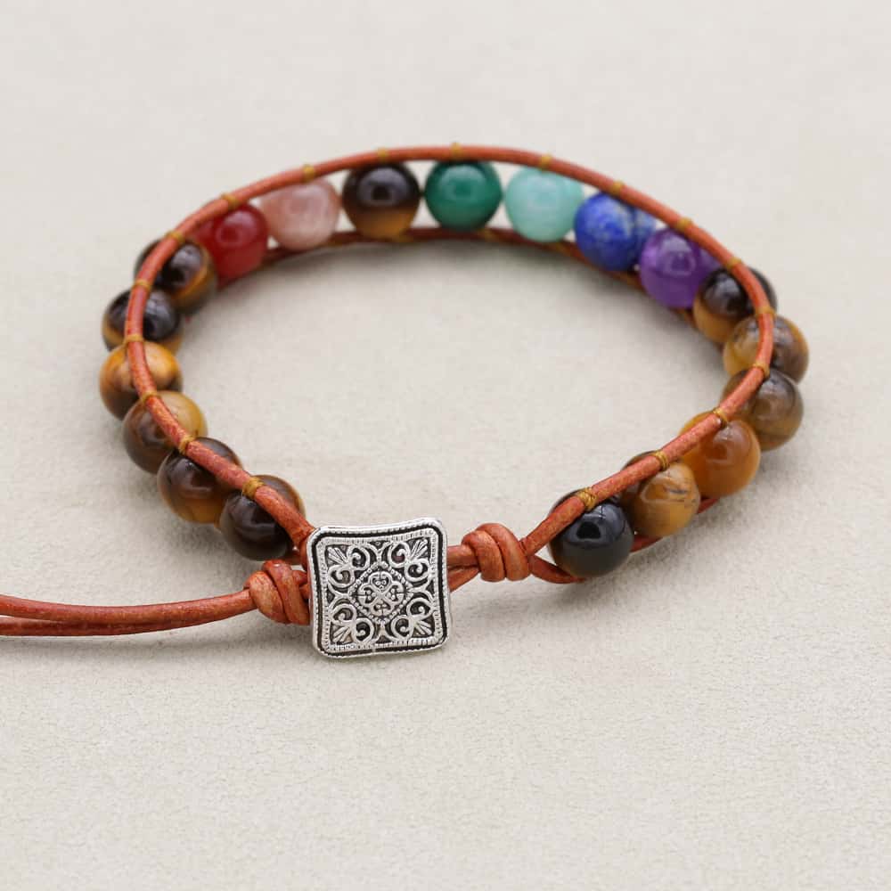 Balance and Courage 7 Chakra Tiger Eye Leather Wrap Bracelet