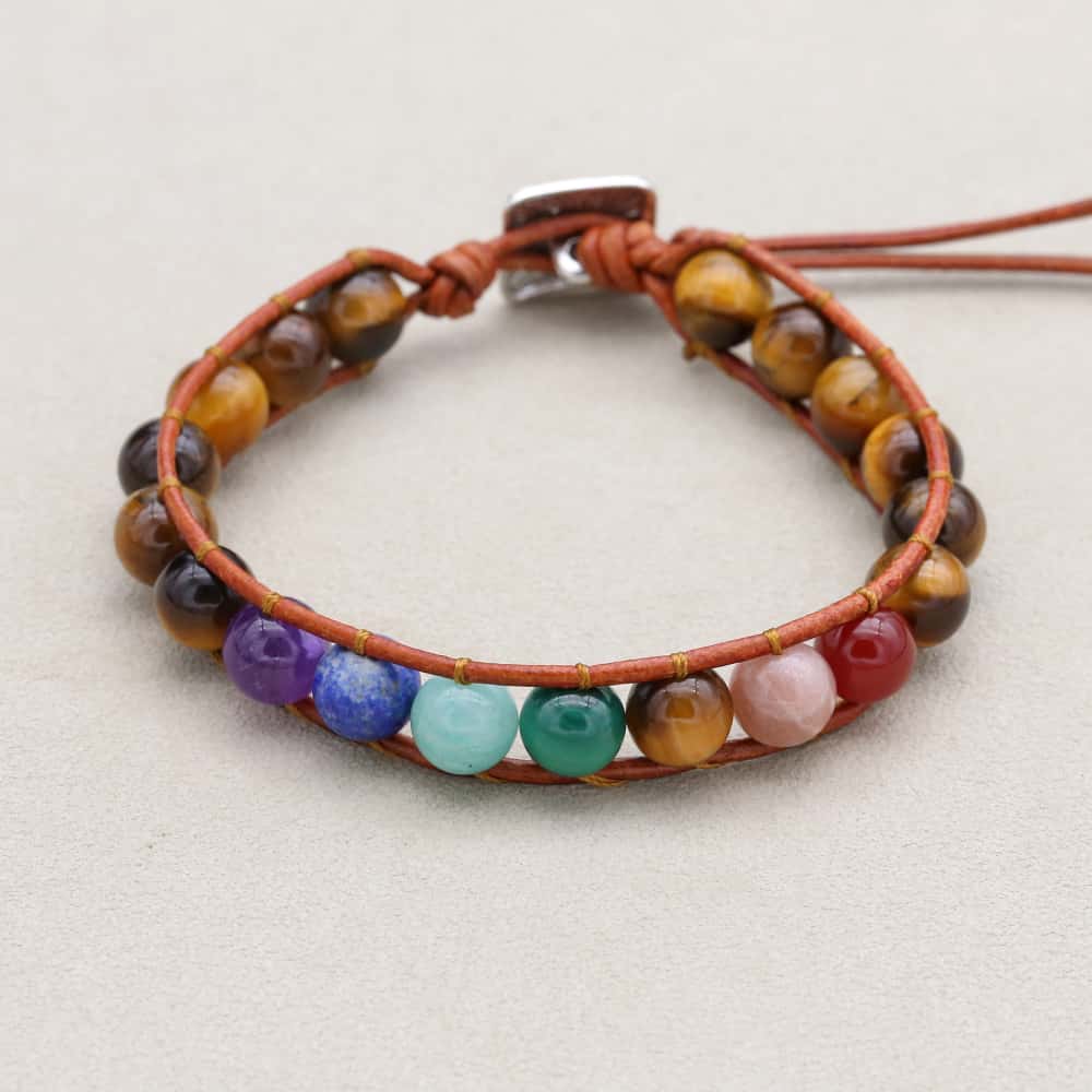 Balance and Courage 7 Chakra Tiger Eye Leather Wrap Bracelet