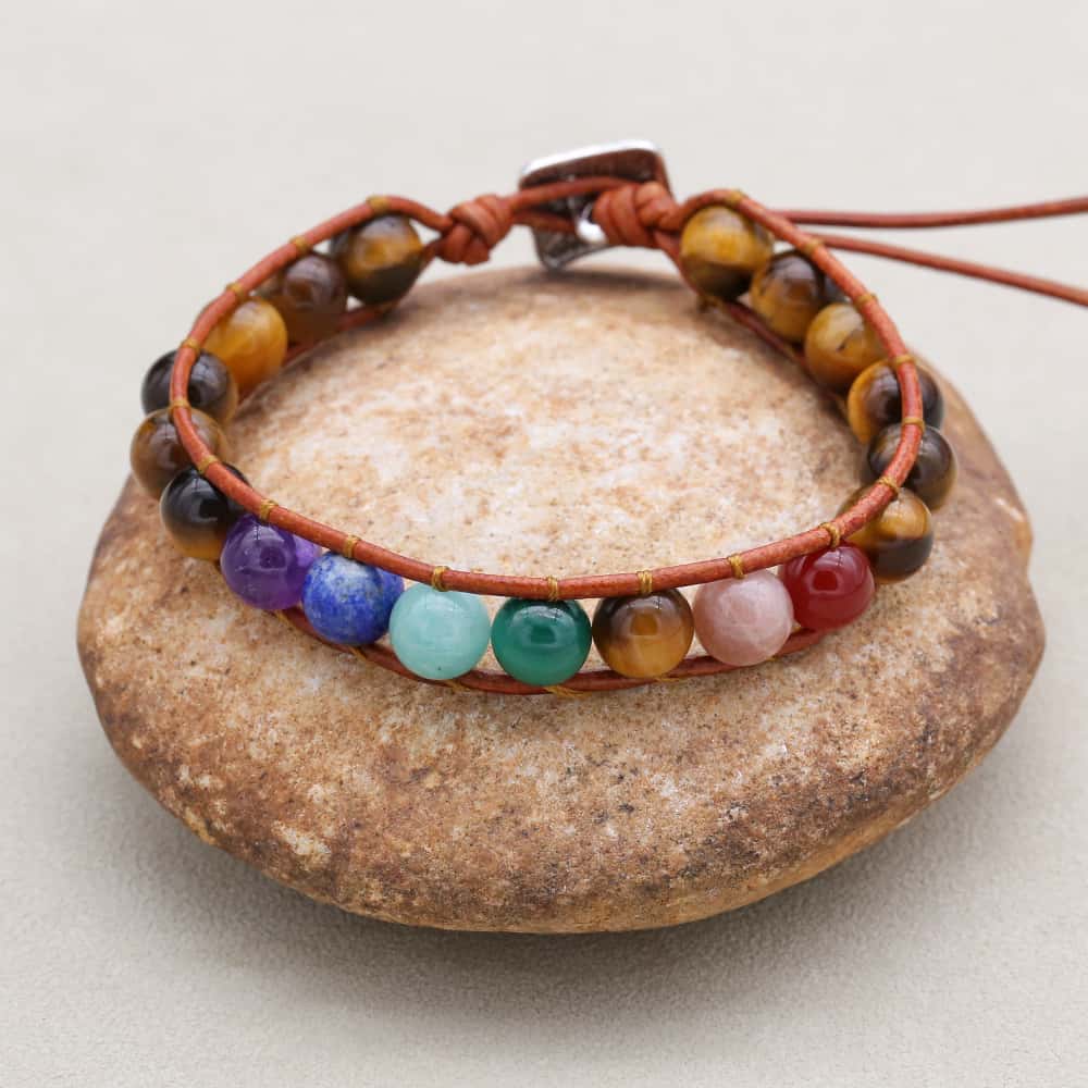 Balance and Courage 7 Chakra Tiger Eye Leather Wrap Bracelet