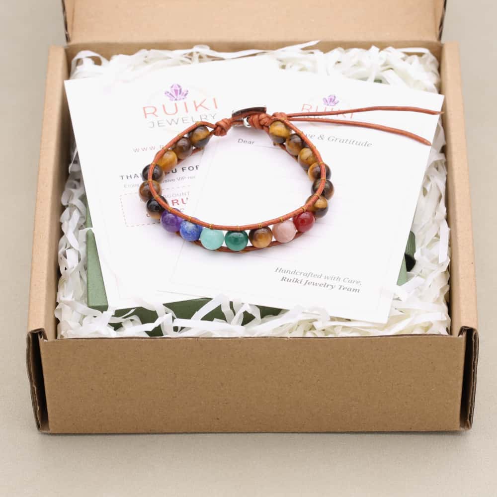Balance and Courage 7 Chakra Tiger Eye Leather Wrap Bracelet