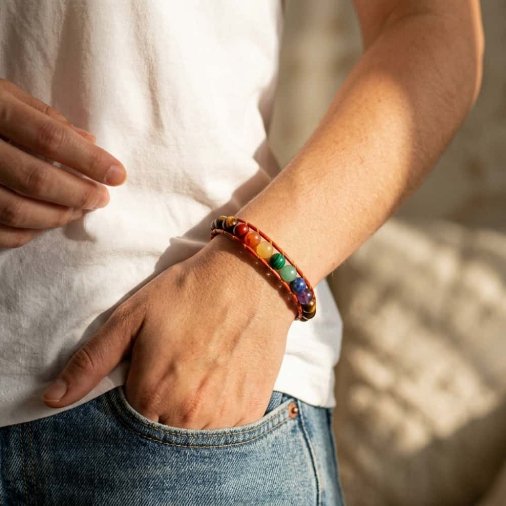 Balance and Courage 7 Chakra Tiger Eye Leather Wrap Bracelet