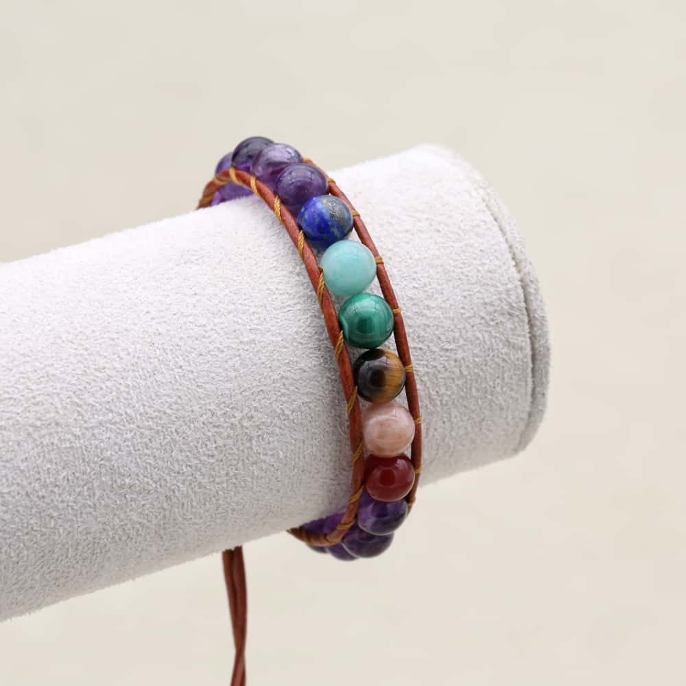Serenity and Wisdom 7 Chakra Amethyst Leather Wrap Bracelet