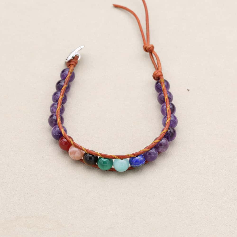 Serenity and Wisdom 7 Chakra Amethyst Leather Wrap Bracelet