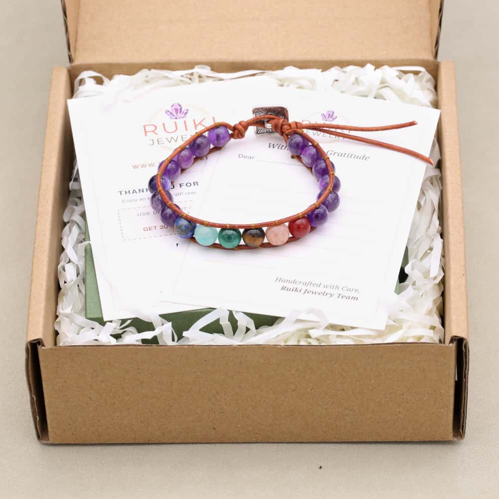 Serenity and Wisdom 7 Chakra Amethyst Leather Wrap Bracelet